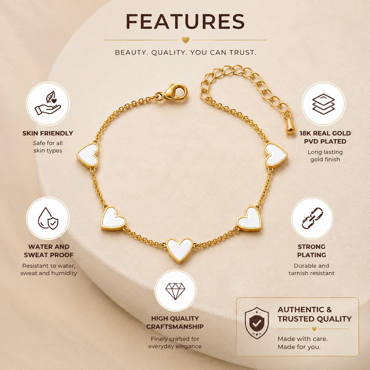 Grace White FIVE HEART Bracelet | Gold-Tone - For Women | Includes: Bracelet