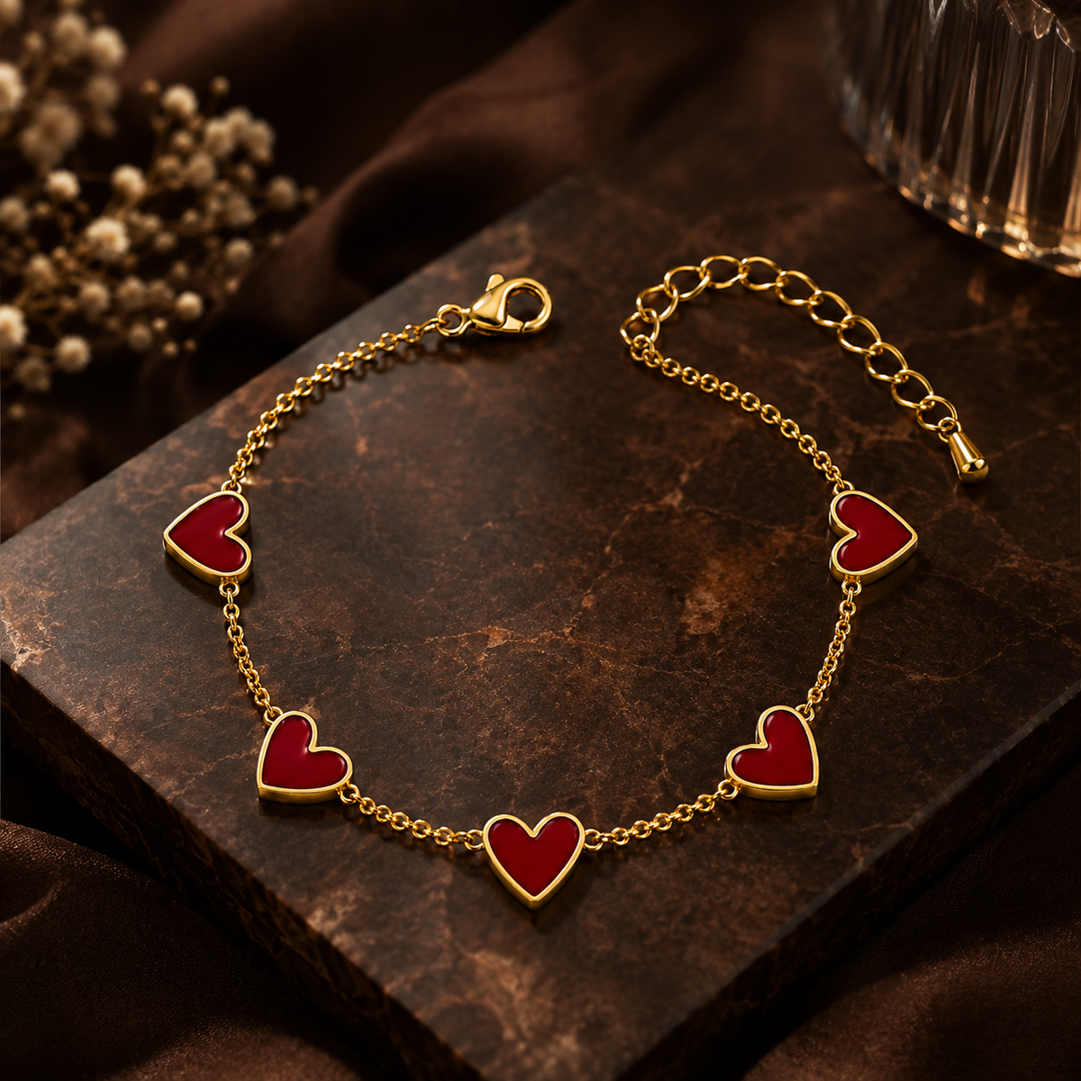 Passion Red FIVE HEART Bracelet | Gold-Tone - For Women | Includes: Bracelet