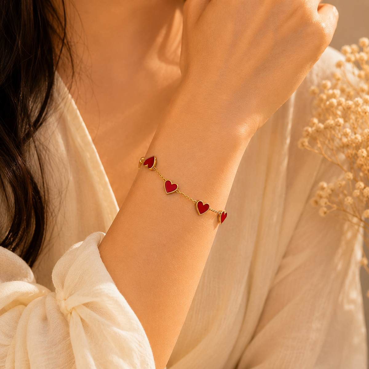 Passion Red FIVE HEART Bracelet | Gold-Tone - For Women | Includes: Bracelet