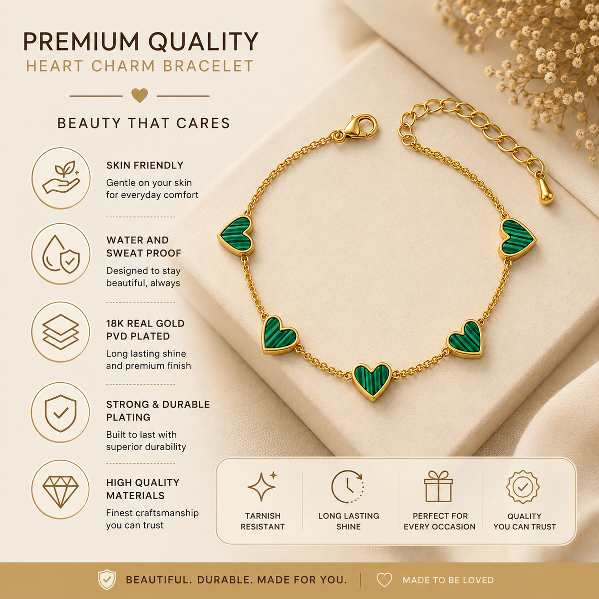 Forest Striped Green FIVE HEART Bracelet | Gold-Tone - For Women | Includes: Bracelet