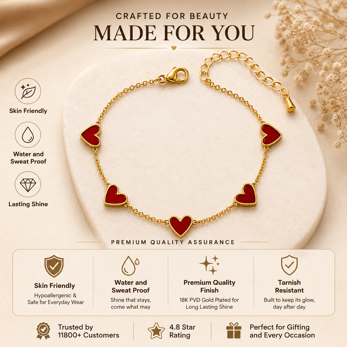 Passion Red FIVE HEART Bracelet | Gold-Tone - For Women | Includes: Bracelet