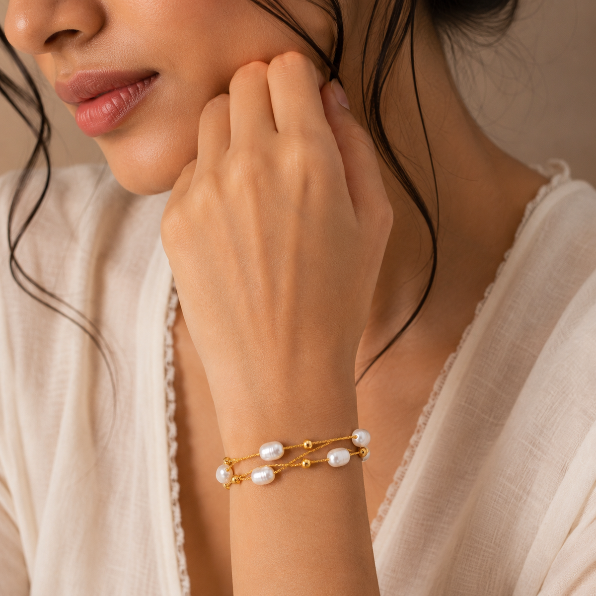 Lustre Pearl-Look DOUBLE LAYER Bracelet | Gold-Tone - For Women | Includes: Bracelet