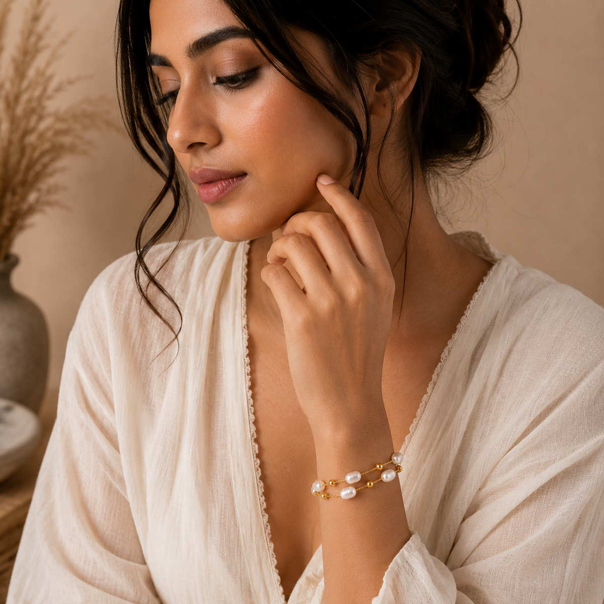 Lustre Pearl-Look DOUBLE LAYER Bracelet | Gold-Tone - For Women | Includes: Bracelet