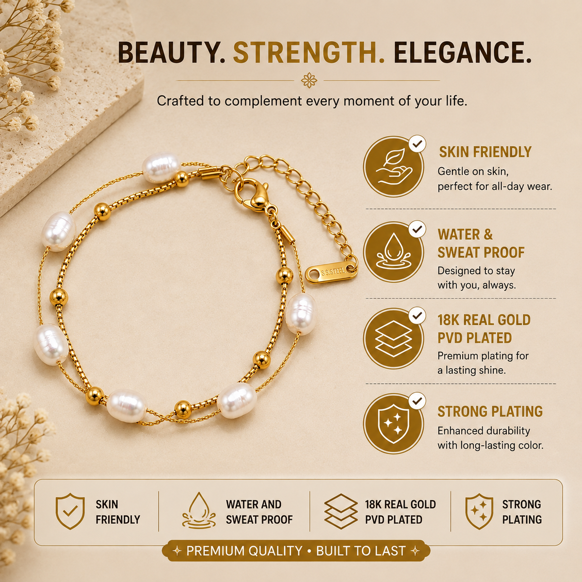 Lustre Pearl-Look DOUBLE LAYER Bracelet | Gold-Tone - For Women | Includes: Bracelet