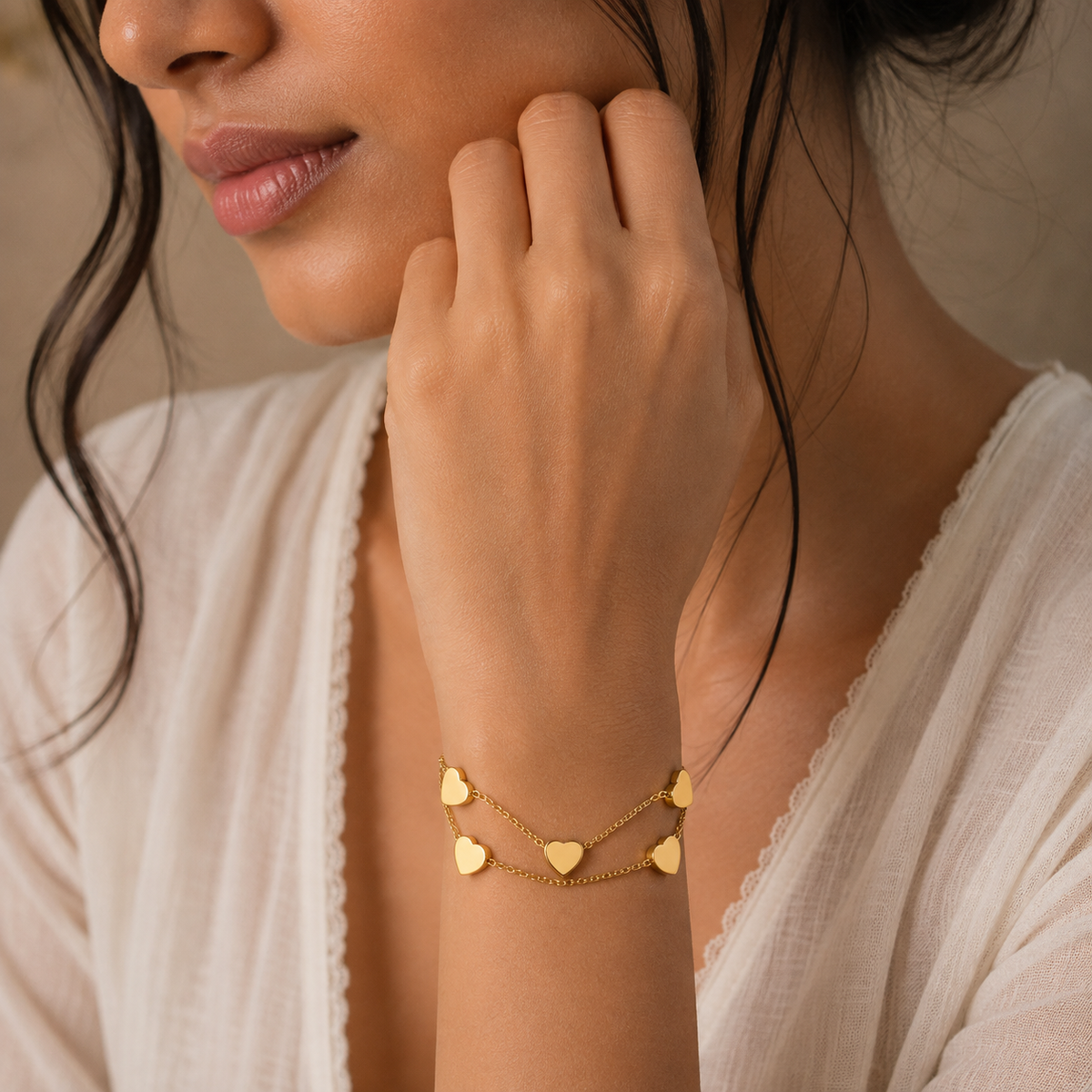Sweetheart DOUBLE-LAYER HEART Bracelet | Gold-Tone - For Women | Includes: Bracelet