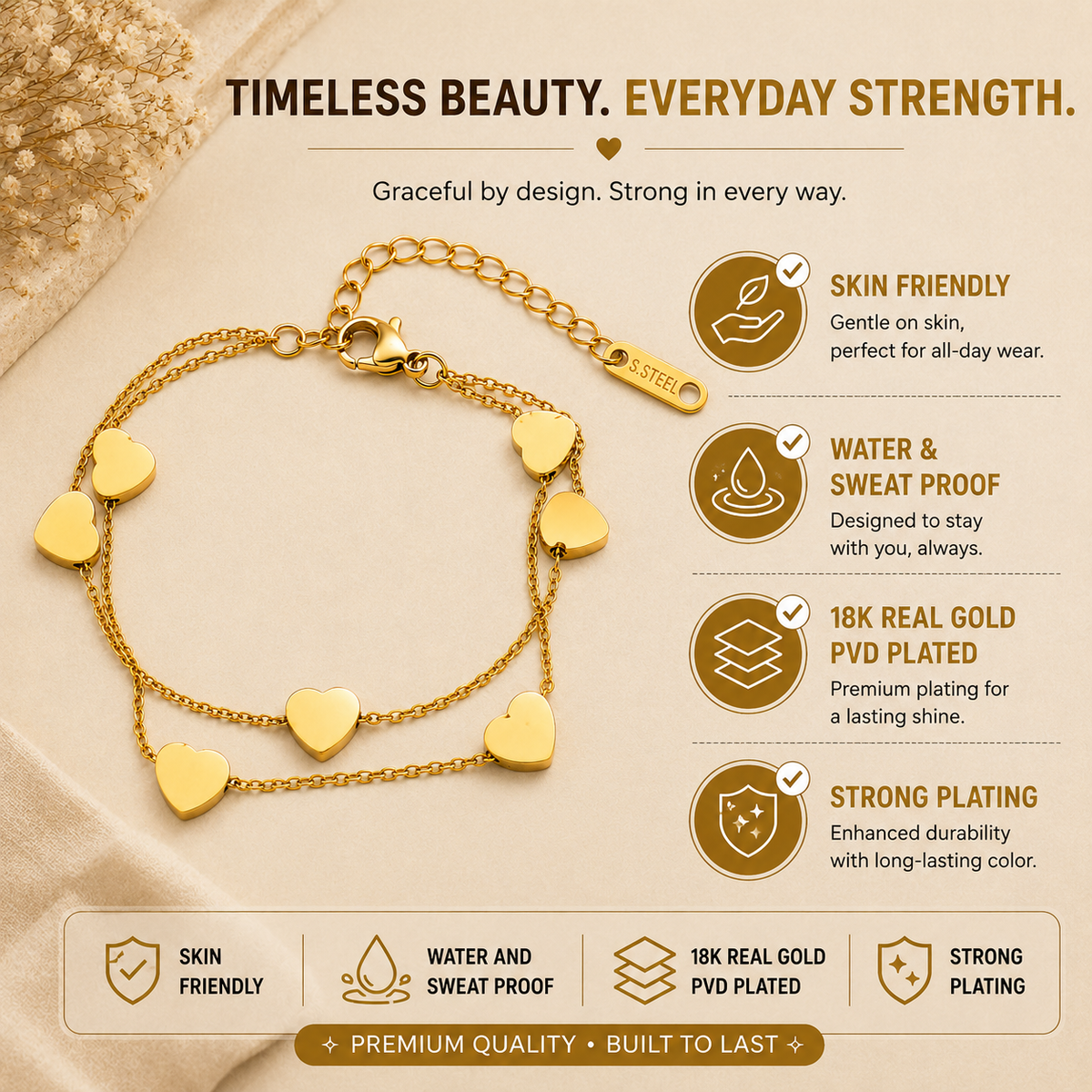 Sweetheart DOUBLE-LAYER HEART Bracelet | Gold-Tone - For Women | Includes: Bracelet