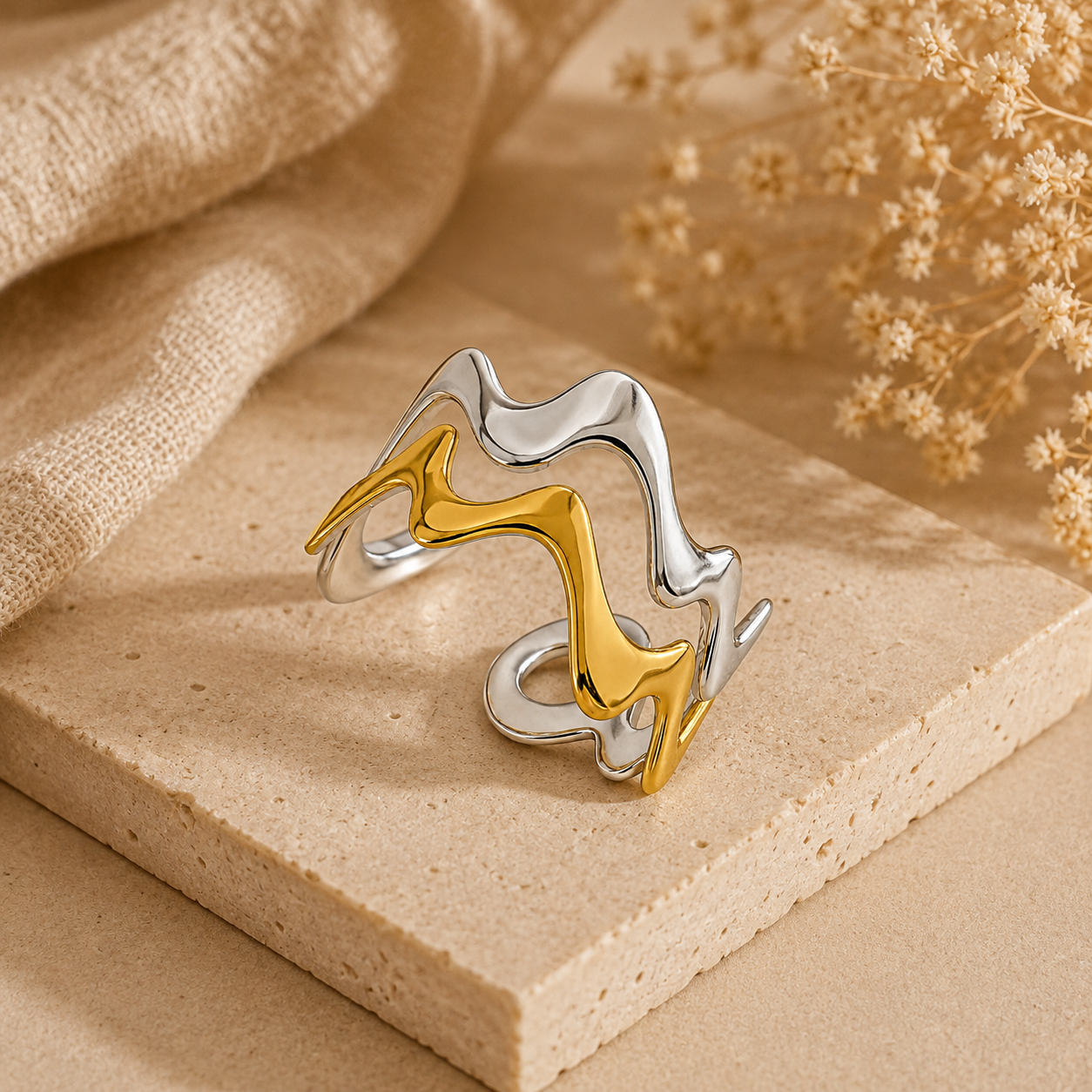 Trendy Golden Silver Wavy Flexi Size Ring | 18K PVD Gold Plated- For Women | Includes: Ring