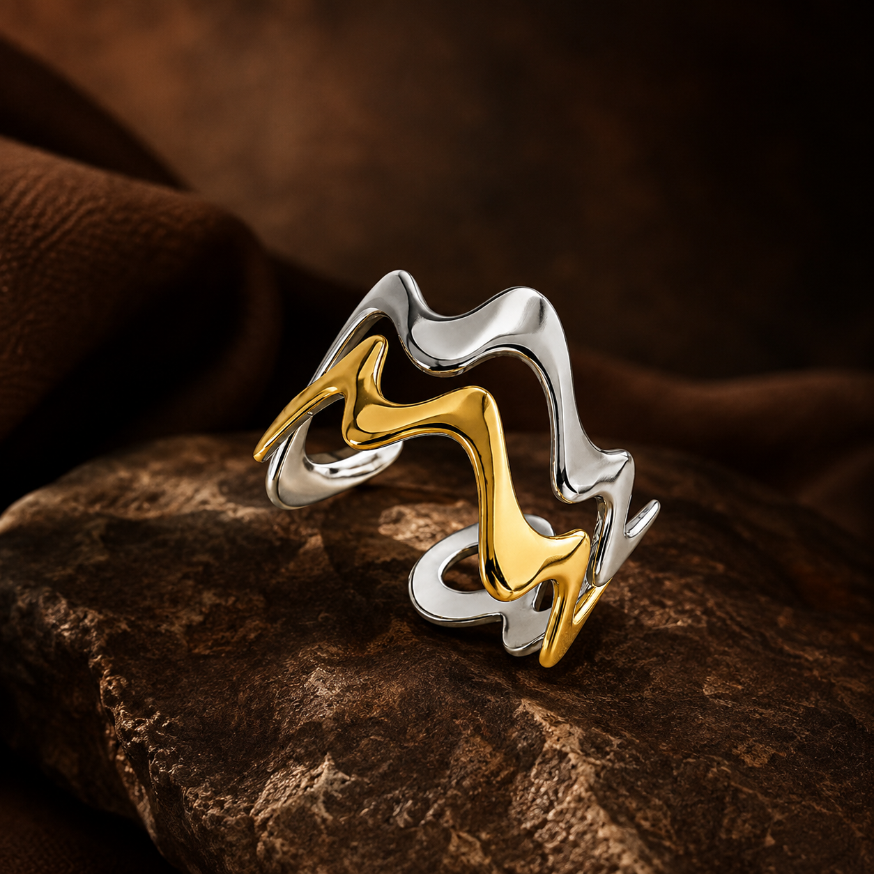 Trendy Golden Silver Wavy Flexi Size Ring | 18K PVD Gold Plated- For Women | Includes: Ring