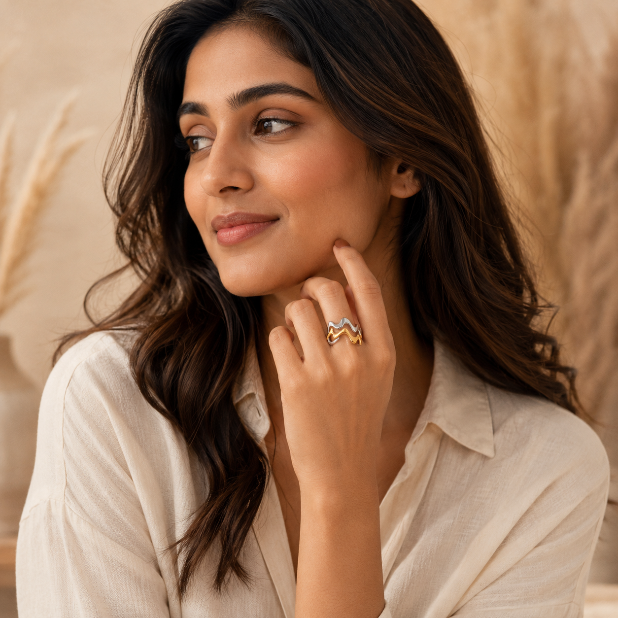 Trendy Golden Silver Wavy Flexi Size Ring | 18K PVD Gold Plated- For Women | Includes: Ring