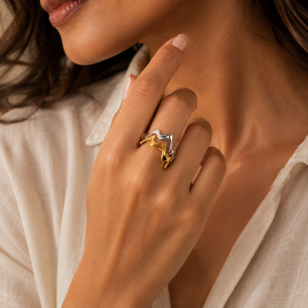 Trendy Golden Silver Wavy Flexi Size Ring | 18K PVD Gold Plated- For Women | Includes: Ring