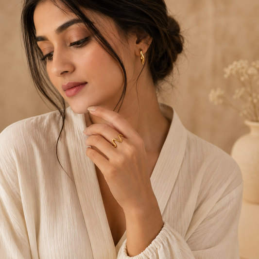 Organic Wave Dainty Flexi Size Ring | 18K PVD Gold Plated- For Women | Includes: Ring