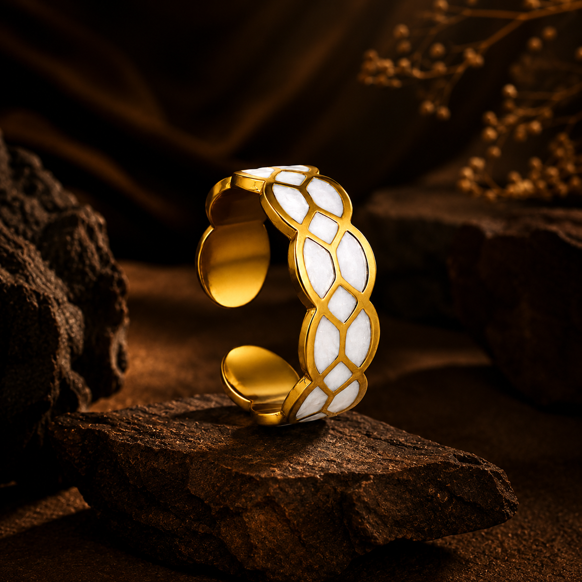White Mosaic Textured Flexi Size Ring | 18K PVD Gold Plated- For Women | Includes: Ring
