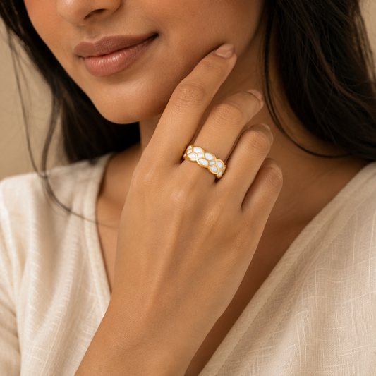 White Mosaic Textured Flexi Size Ring | 18K PVD Gold Plated- For Women | Includes: Ring