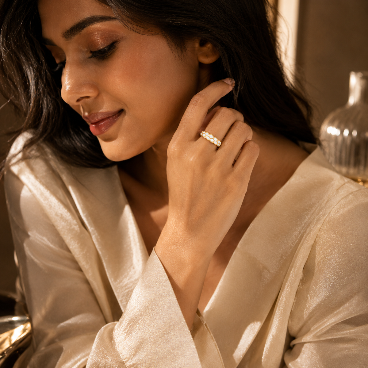 White Mosaic Textured Flexi Size Ring | 18K PVD Gold Plated- For Women | Includes: Ring