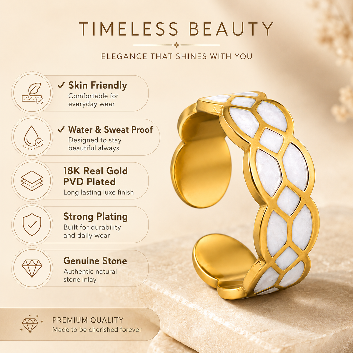 White Mosaic Textured Flexi Size Ring | 18K PVD Gold Plated- For Women | Includes: Ring
