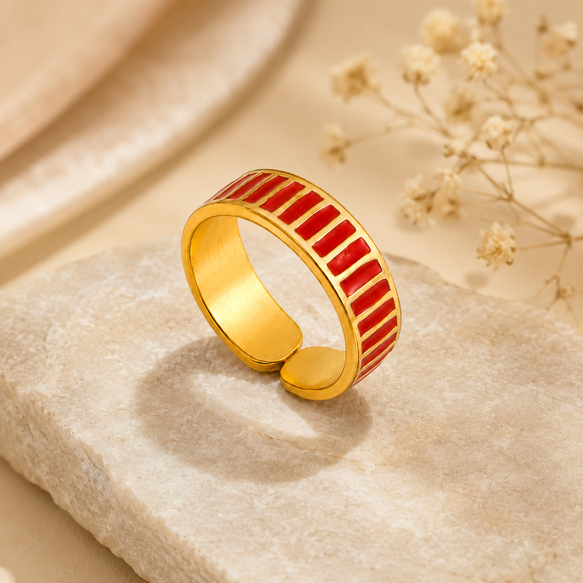 Classic Red Stripes Flexi Size Ring | 18K PVD Gold Plated- For Women | Includes: Ring