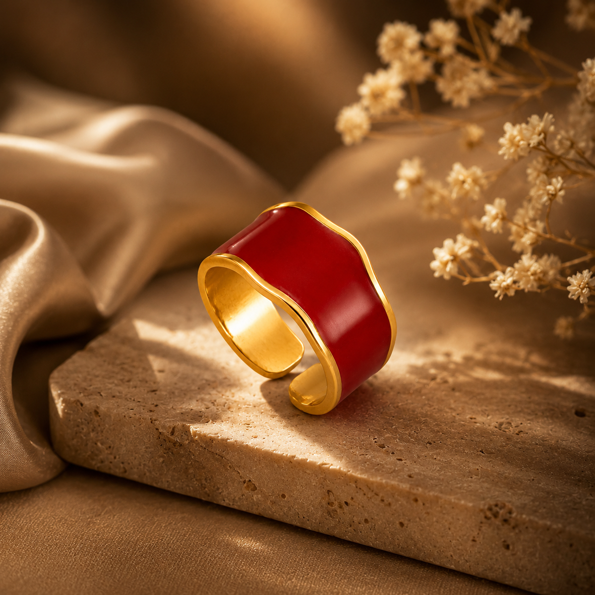 Classic Red Wave Flexi Size Ring | 18K PVD Gold Plated- For Women | Includes: Ring