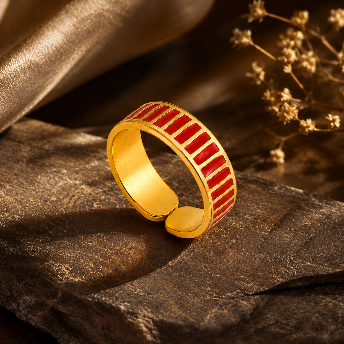 Classic Red Stripes Flexi Size Ring | 18K PVD Gold Plated- For Women | Includes: Ring