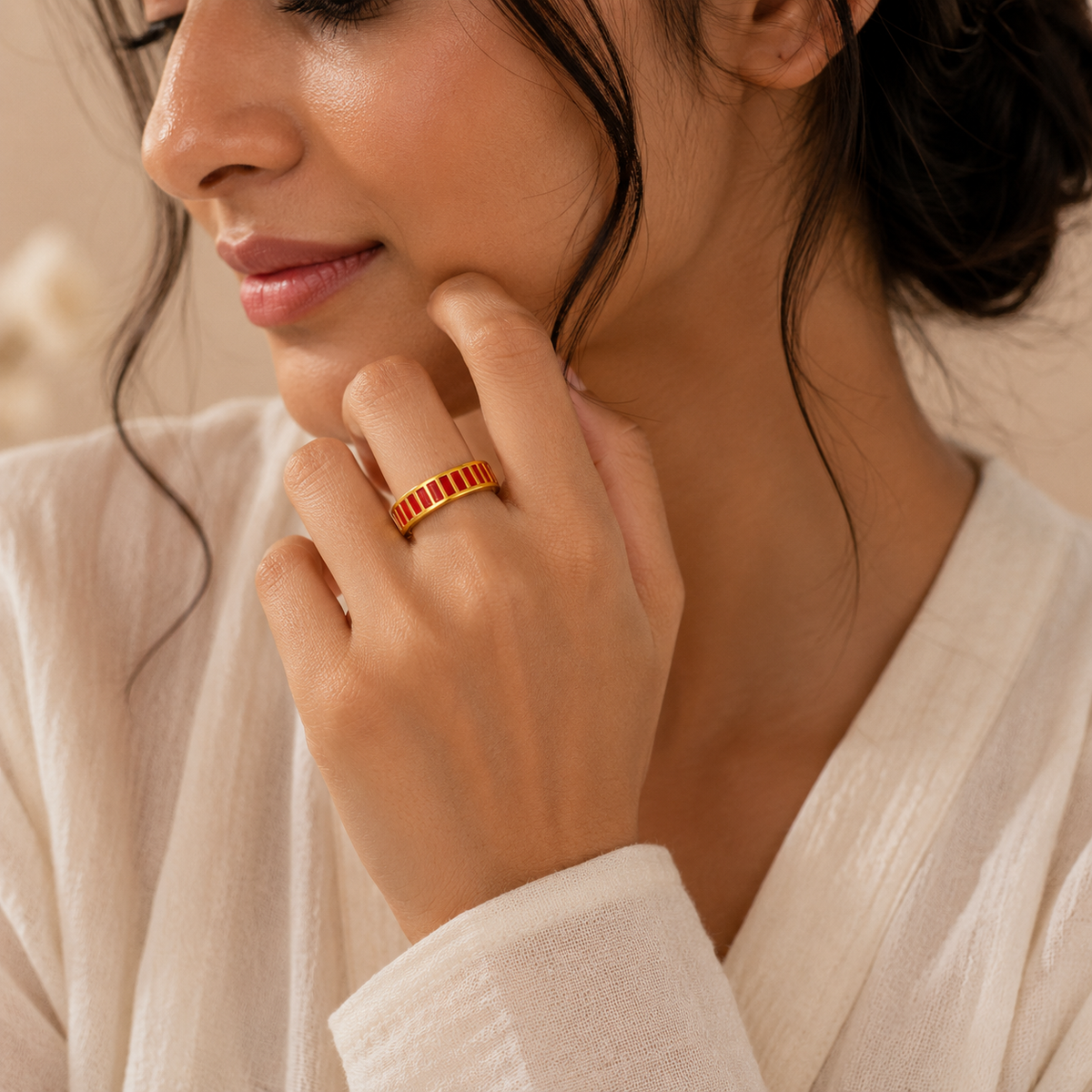 Classic Red Stripes Flexi Size Ring | 18K PVD Gold Plated- For Women | Includes: Ring