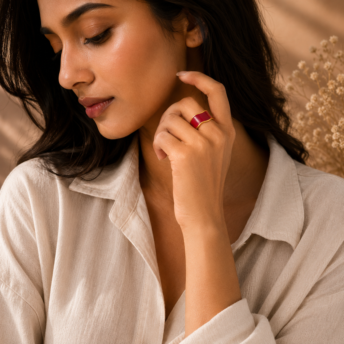 Classic Red Wave Flexi Size Ring | 18K PVD Gold Plated- For Women | Includes: Ring
