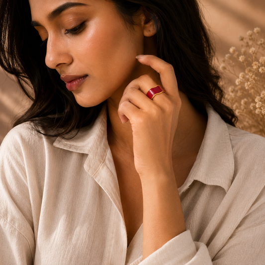 Classic Red Wave Flexi Size Ring | 18K PVD Gold Plated- For Women | Includes: Ring