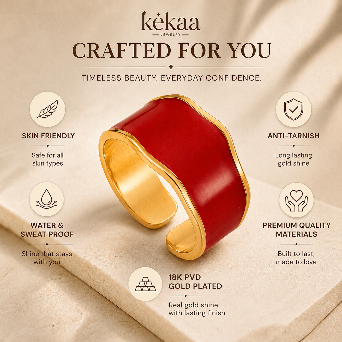 Classic Red Wave Flexi Size Ring | 18K PVD Gold Plated- For Women | Includes: Ring