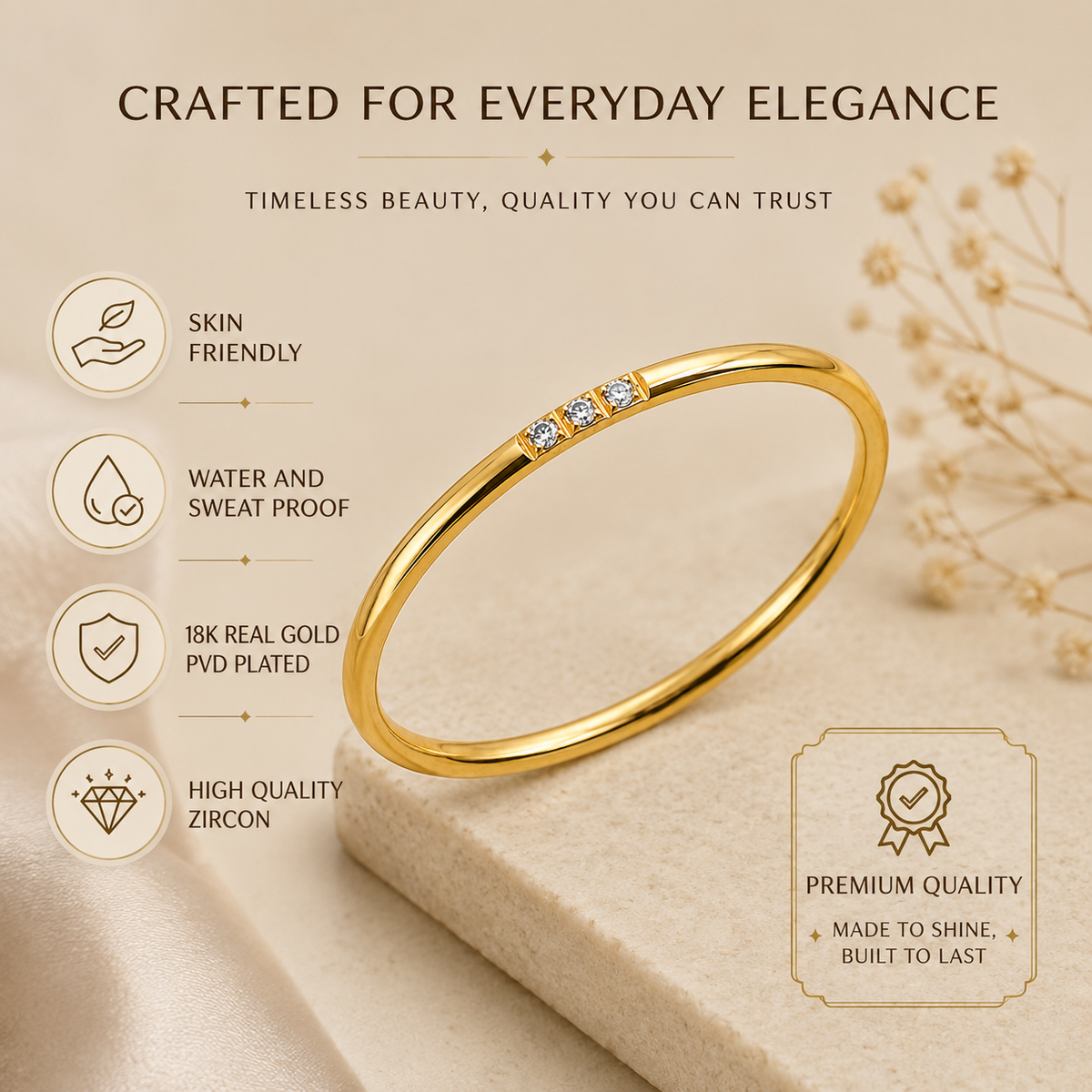 3-Zircon Ultra Dainty Ring | 18K PVD Gold Plated- For Women | Includes: Ring
