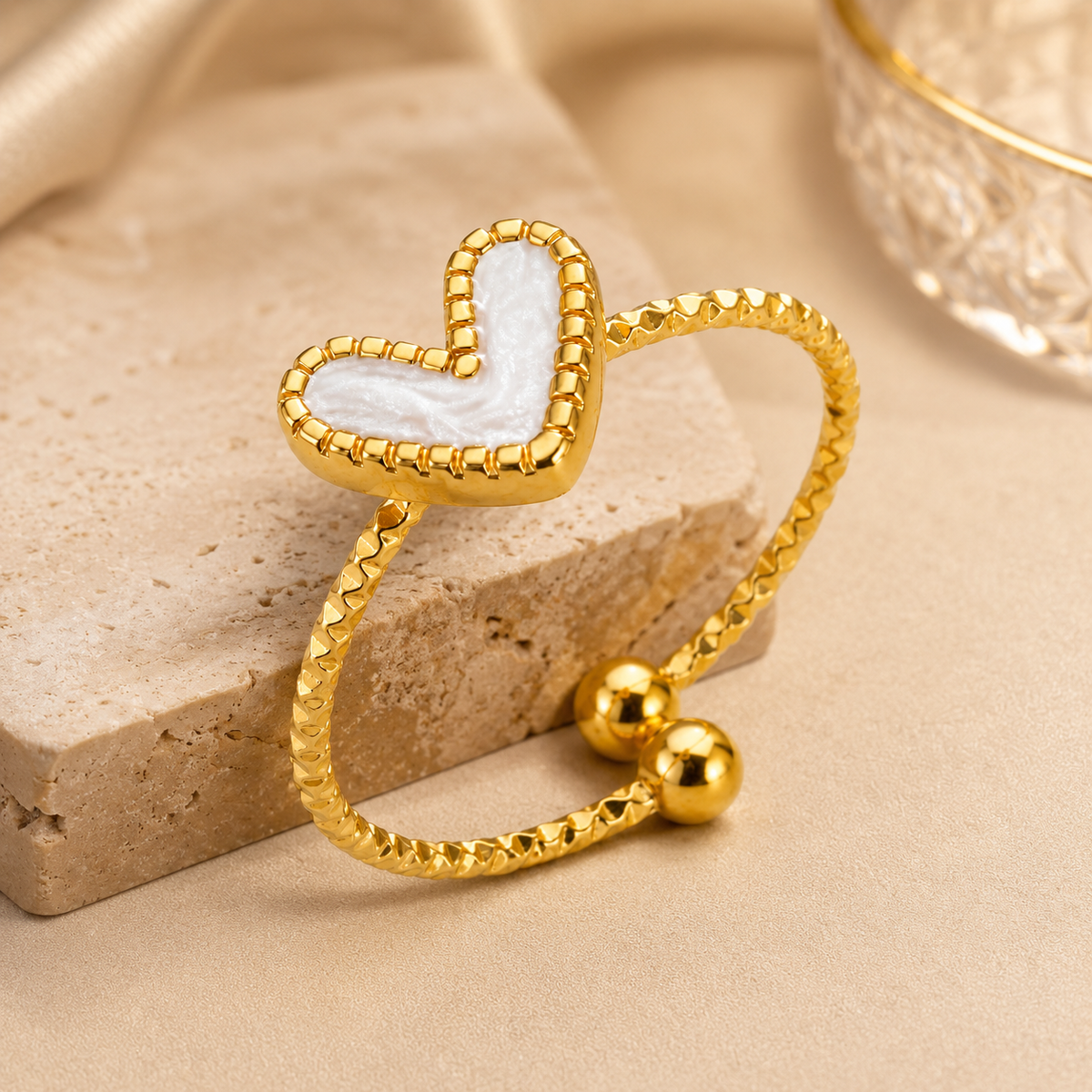 Dainty White Shell Heart Flexi Size Ring | 18K PVD Gold Plated- For Women | Includes: Ring