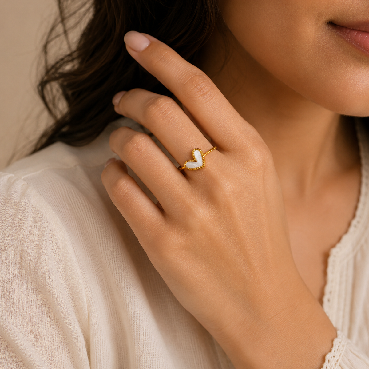 Dainty White Shell Heart Flexi Size Ring | 18K PVD Gold Plated- For Women | Includes: Ring