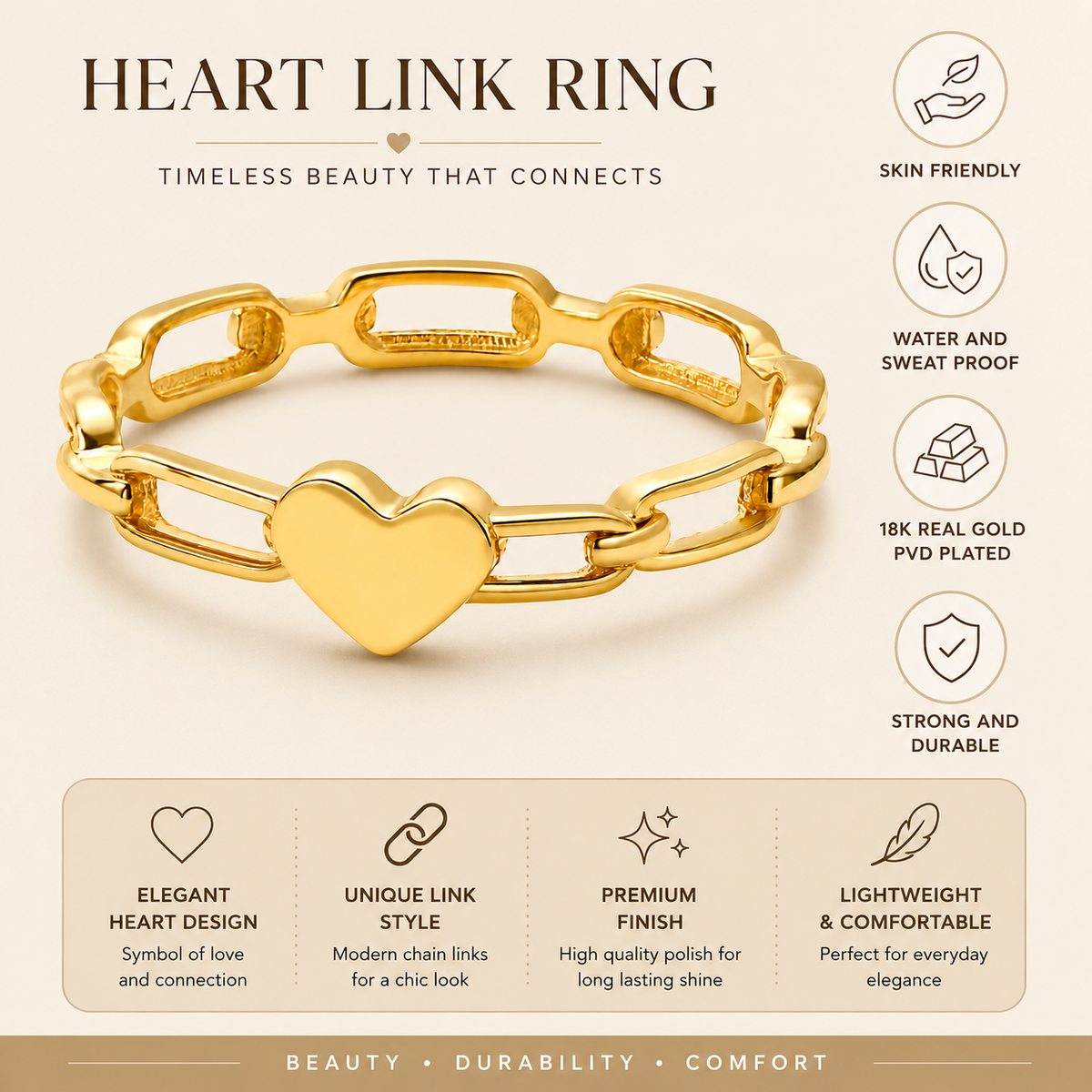 Link Chain Heart Golden Ring | 18K PVD Gold Plated- For Women | Includes: Ring