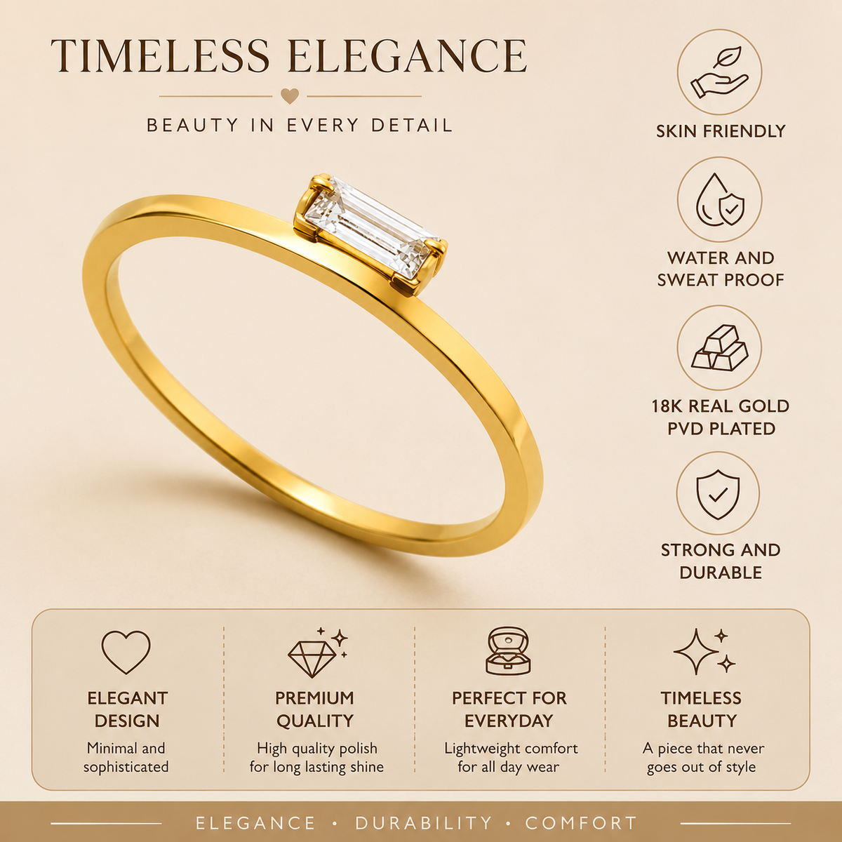 Ultra Modern Rectangular Zircon Ultra Dainty Ring | 18K PVD Gold Plated- For Women | Includes: Ring