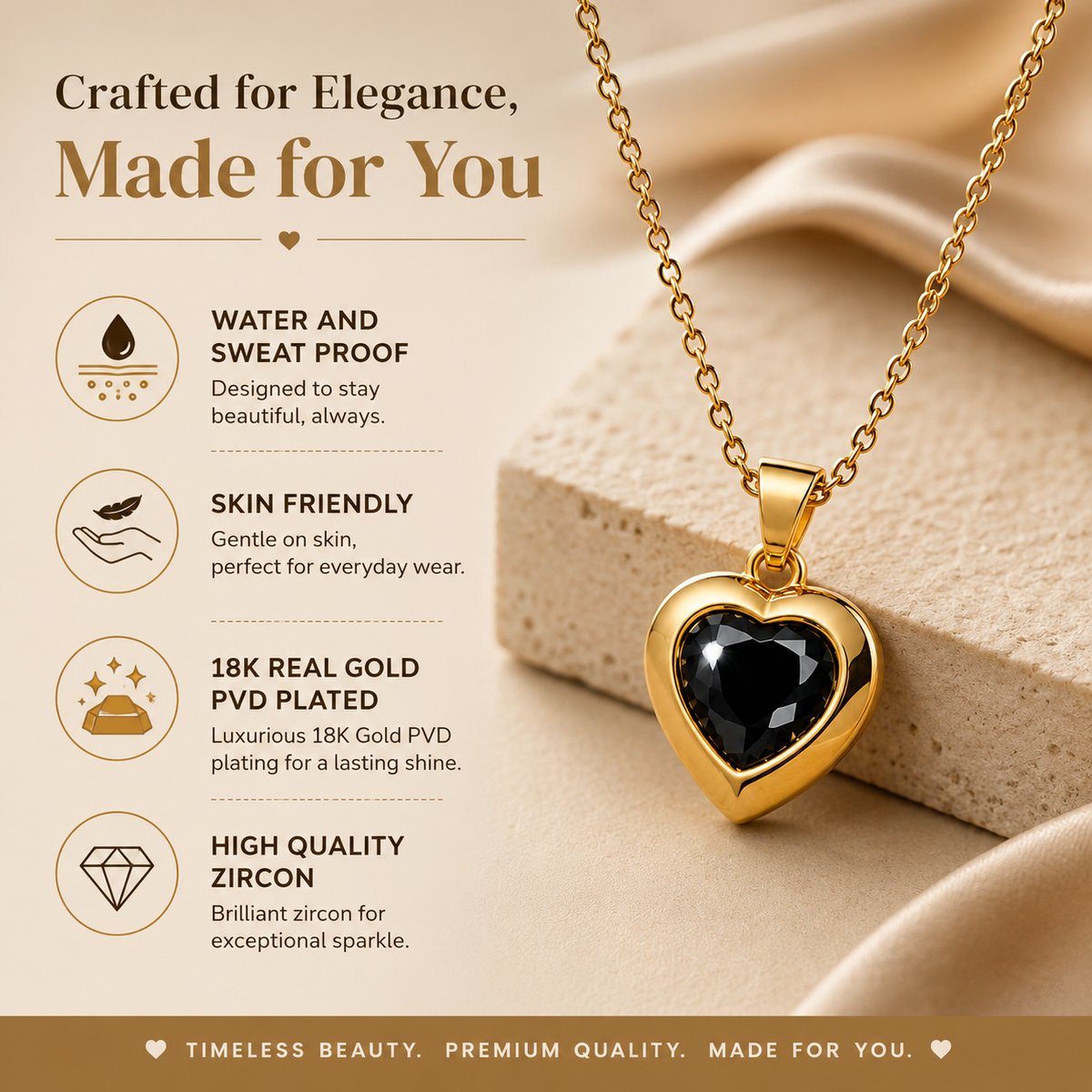 Midnight Black HEART Necklace | Gold-Tone - For Women | Includes: Necklace