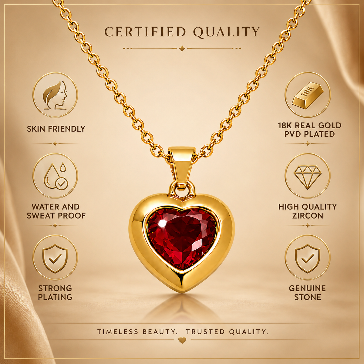 Passion Deep Red HEART Necklace | Gold-Tone - For Women | Includes: Necklace