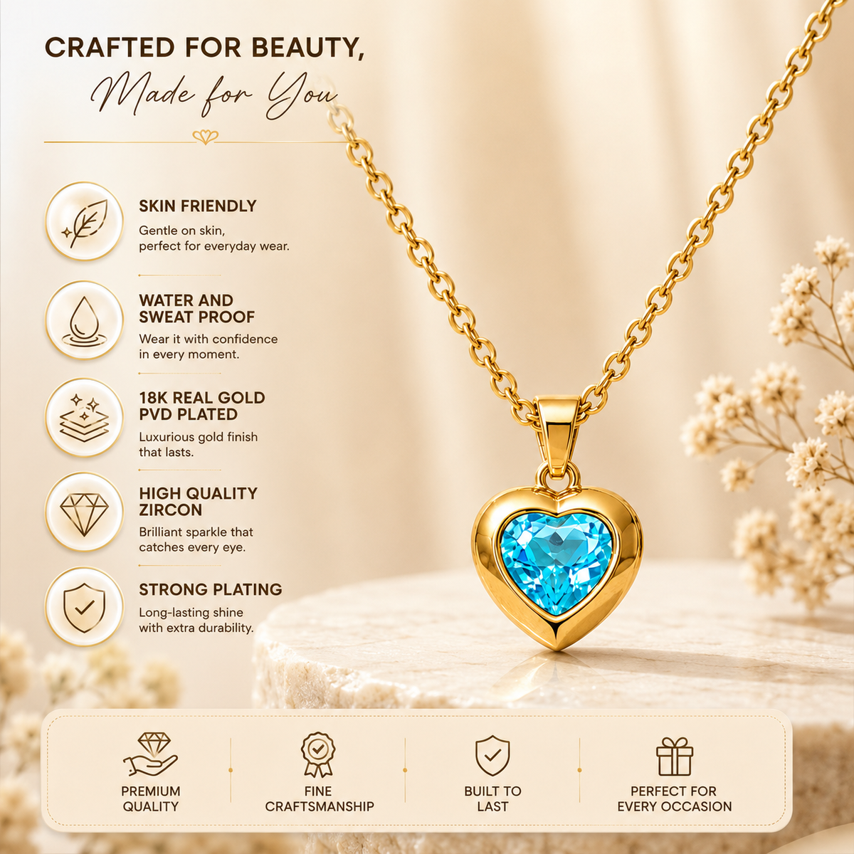 Serenity Aqua Blue HEART Necklace | Gold-Tone - For Women | Includes: Necklace