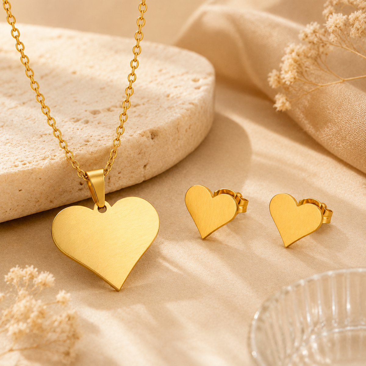 Sweetheart BRUSHED HEART Necklace & Earrings Set | Gold-Tone - For Women | Includes: Necklace & 1 Pair of Earrings