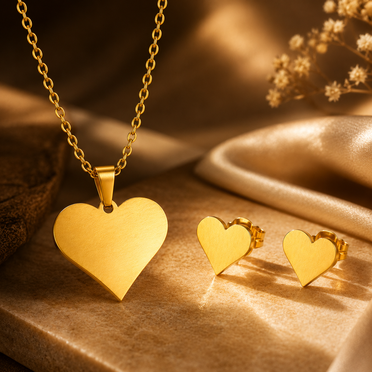Sweetheart BRUSHED HEART Necklace & Earrings Set | Gold-Tone - For Women | Includes: Necklace & 1 Pair of Earrings