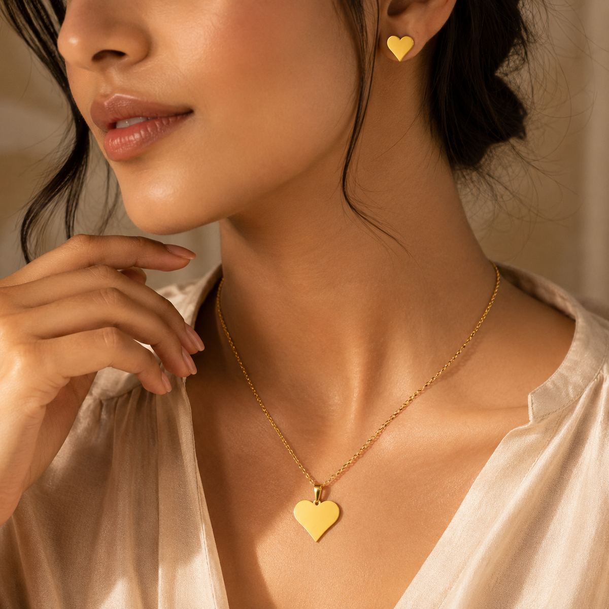 Sweetheart BRUSHED HEART Necklace & Earrings Set | Gold-Tone - For Women | Includes: Necklace & 1 Pair of Earrings