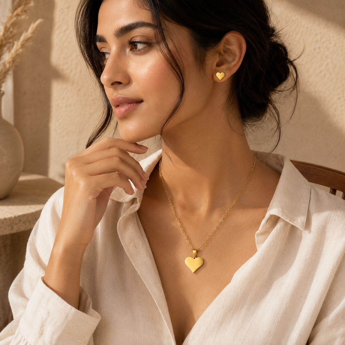 Sweetheart BRUSHED HEART Necklace & Earrings Set | Gold-Tone - For Women | Includes: Necklace & 1 Pair of Earrings