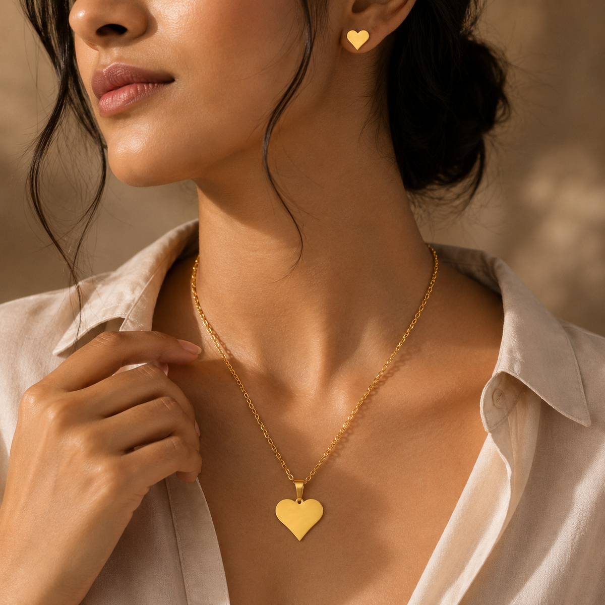 Sweetheart BRUSHED HEART Necklace & Earrings Set | Gold-Tone - For Women | Includes: Necklace & 1 Pair of Earrings