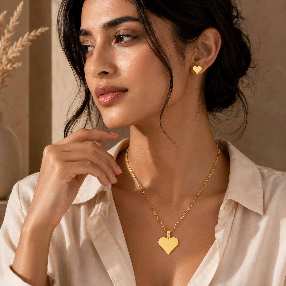 Sweetheart BRUSHED HEART Necklace & Earrings Set | Gold-Tone - For Women | Includes: Necklace & 1 Pair of Earrings