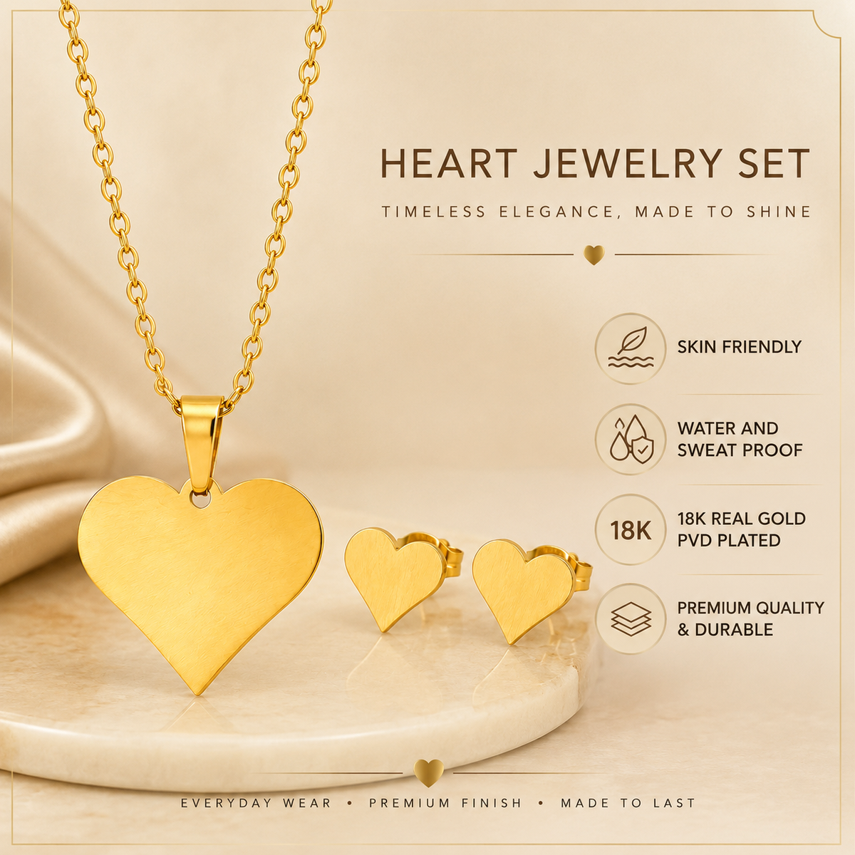 Sweetheart BRUSHED HEART Necklace & Earrings Set | Gold-Tone - For Women | Includes: Necklace & 1 Pair of Earrings