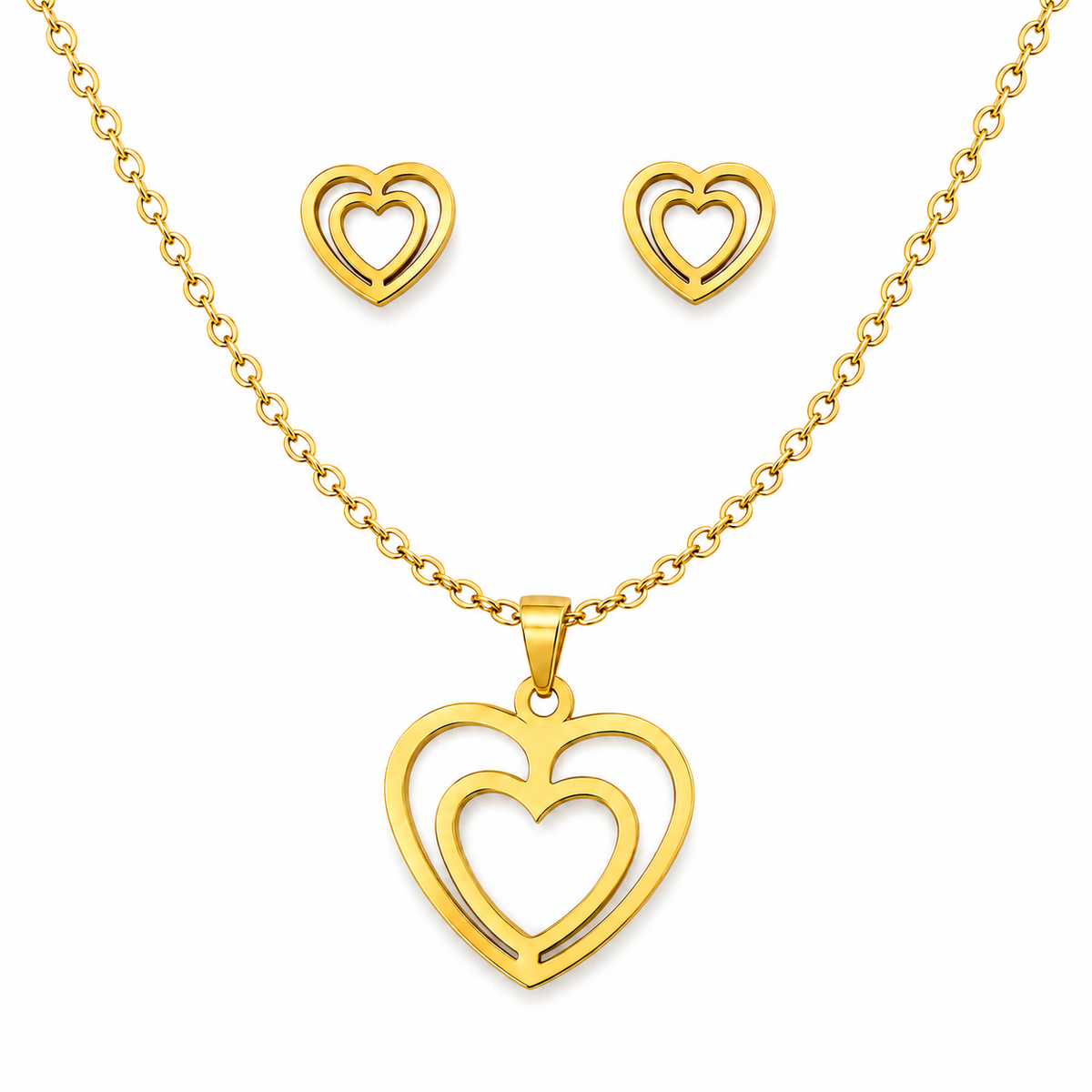 Together DOUBLE HEART Necklace & Earrings Set | Gold-Tone - For Women | Includes: Necklace & 1 Pair of Earrings