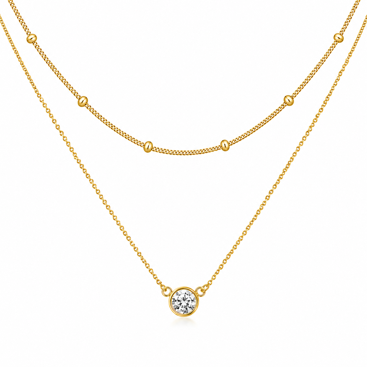 Duo Beaded & Clear Solitaire LAYERED Necklace | Gold-Tone - For Women | Includes: Necklace
