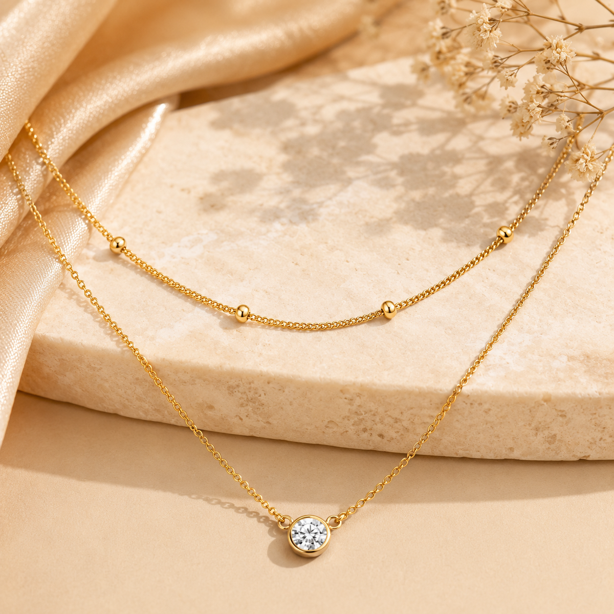 Duo Beaded & Clear Solitaire LAYERED Necklace | Gold-Tone - For Women | Includes: Necklace