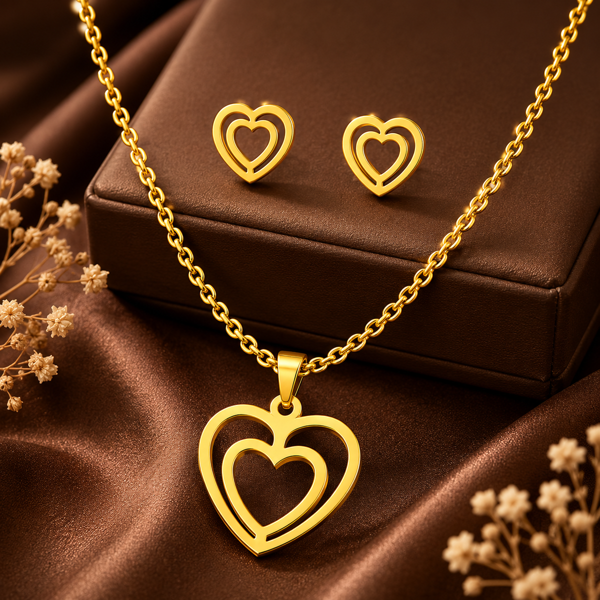 Together DOUBLE HEART Necklace & Earrings Set | Gold-Tone - For Women | Includes: Necklace & 1 Pair of Earrings