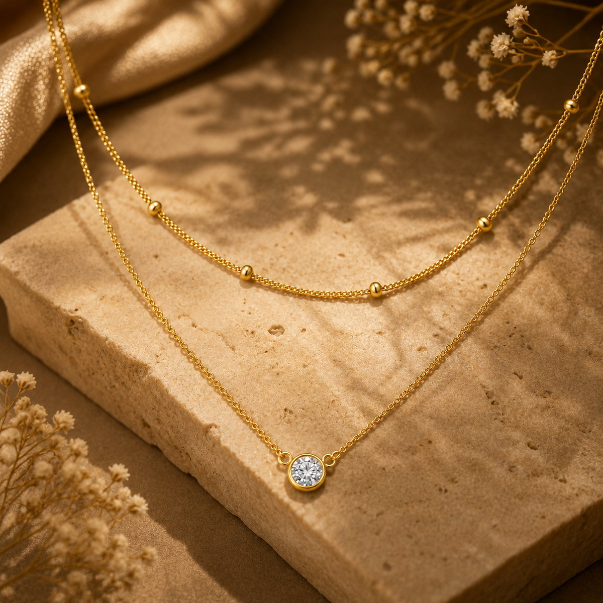 Duo Beaded & Clear Solitaire LAYERED Necklace | Gold-Tone - For Women | Includes: Necklace