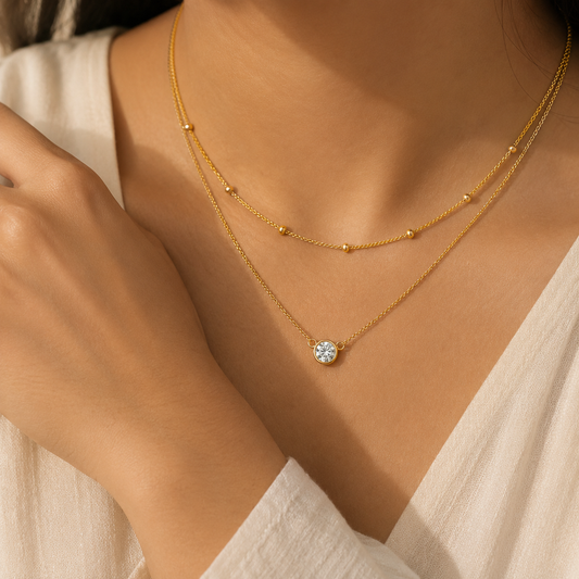 Duo Beaded & Clear Solitaire LAYERED Necklace | Gold-Tone - For Women | Includes: Necklace