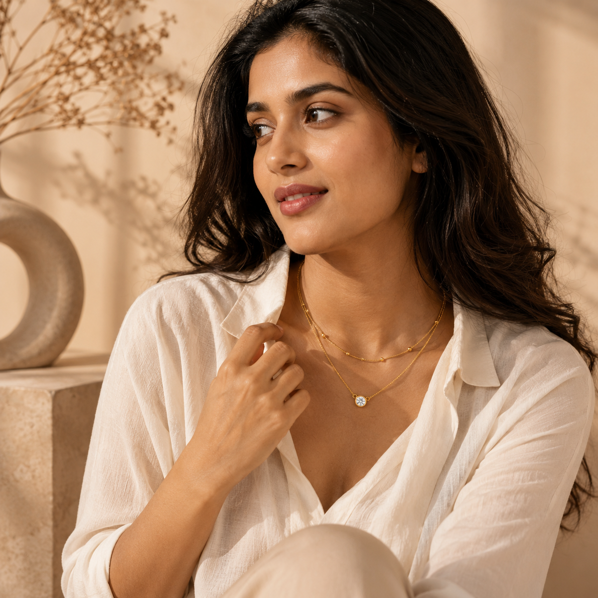 Duo Beaded & Clear Solitaire LAYERED Necklace | Gold-Tone - For Women | Includes: Necklace