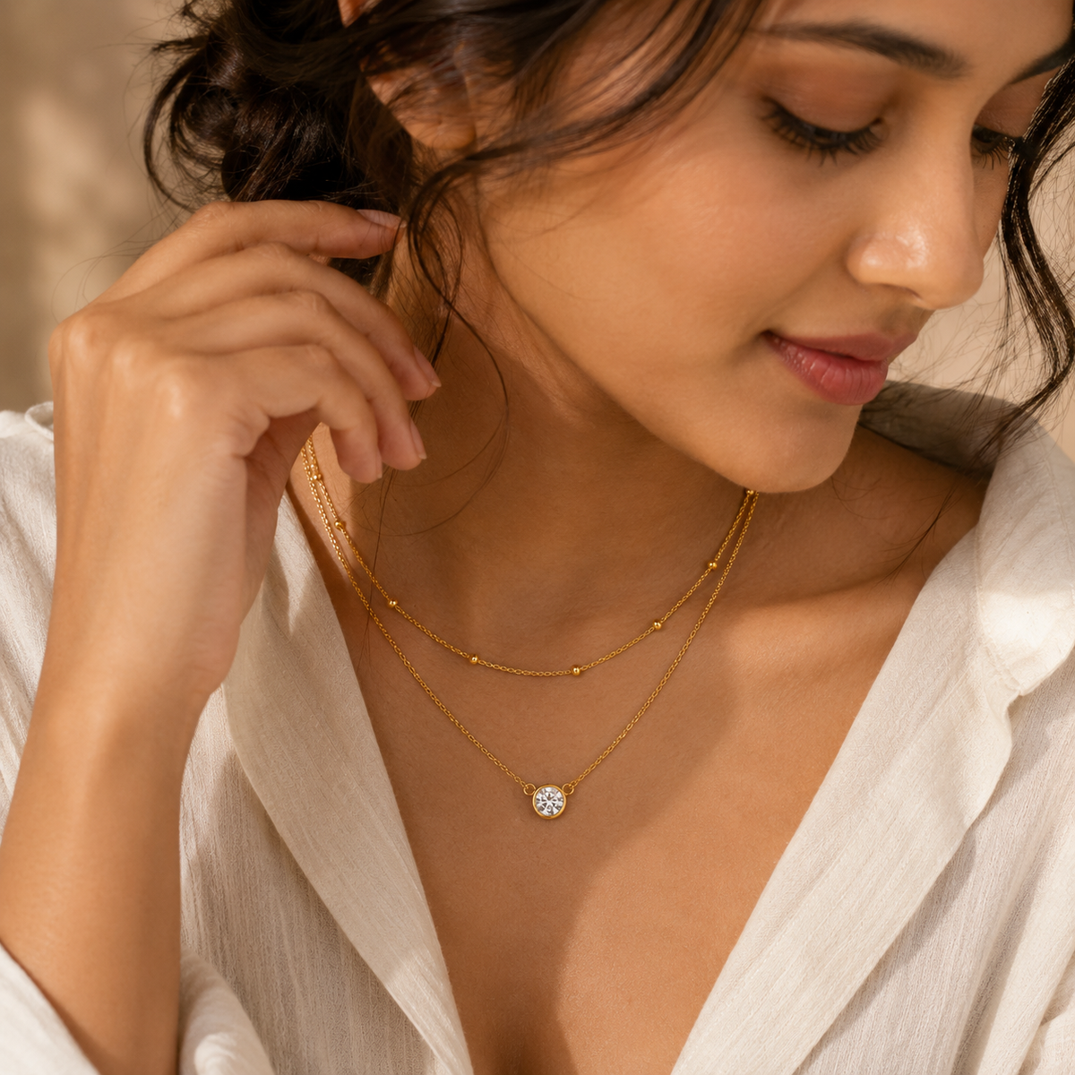 Duo Beaded & Clear Solitaire LAYERED Necklace | Gold-Tone - For Women | Includes: Necklace