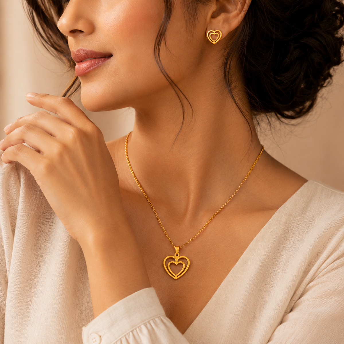 Together DOUBLE HEART Necklace & Earrings Set | Gold-Tone - For Women | Includes: Necklace & 1 Pair of Earrings